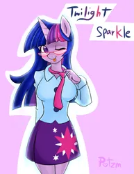 Size: 1327x1722 | Tagged: safe, artist:potzm, derpibooru import, twilight sparkle, anthro, unicorn, g4, :p, clothes, cutie mark, cutie mark on clothes, equestria girls outfit, eyebrows, eyebrows visible through hair, female, glasses, horn, image, lavender background, looking at you, name, necktie, one eye closed, png, shirt, simple background, skirt, smiling, smiling at you, solo, tongue out, unicorn twilight, wink, winking at you