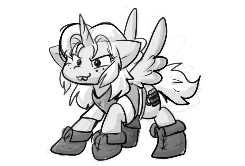 Size: 1291x874 | Tagged: safe, artist:zutcha, derpibooru import, ponified, alicorn, pony, bucktooth, disenchantment, female, freckles, grayscale, grin, image, mare, monochrome, png, princess bean, simple background, smiling, solo, spread wings, white background, wings