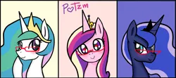 Size: 1800x800 | Tagged: safe, artist:potzm, derpibooru import, princess cadance, princess celestia, princess luna, alicorn, pony, g4, alicorn triarchy, blushing, bust, crown, female, glasses, heart, heart eyes, horn, image, jewelry, looking at you, mare, png, portrait, raised hoof, regalia, royal sisters, siblings, simple background, sisters, smiling, smiling at you, trio, trio female, wingding eyes