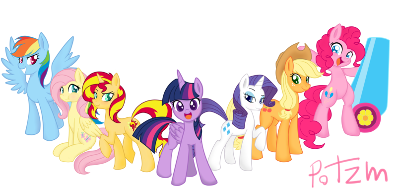 Size: 4100x2000 | Tagged: safe, artist:potzm, derpibooru import, applejack, fluttershy, pinkie pie, rainbow dash, rarity, sunset shimmer, twilight sparkle, twilight sparkle (alicorn), alicorn, earth pony, pegasus, pony, unicorn, g4, alternate mane seven, applejack's hat, bedroom eyes, bipedal, cowboy hat, duckface, eyebrows, eyeshadow, female, folded wings, freckles, grin, hat, high res, horn, image, looking at you, looking back, makeup, mane six, mare, open mouth, open smile, party cannon, png, raised hoof, septet, simple background, sitting, smiling, smiling at you, spread wings, tail, transparent background, wings