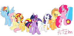 Size: 4100x2000 | Tagged: safe, artist:potzm, derpibooru import, applejack, fluttershy, pinkie pie, rainbow dash, rarity, sunset shimmer, twilight sparkle, twilight sparkle (alicorn), alicorn, earth pony, pegasus, pony, unicorn, g4, alternate mane seven, applejack's hat, bedroom eyes, bipedal, cowboy hat, duckface, eyebrows, eyeshadow, female, folded wings, freckles, grin, hat, high res, horn, image, looking at you, looking back, makeup, mane six, mare, open mouth, open smile, party cannon, png, raised hoof, septet, simple background, sitting, smiling, smiling at you, spread wings, tail, transparent background, wings