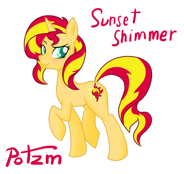 Size: 1300x1229 | Tagged: safe, artist:potzm, derpibooru import, sunset shimmer, pony, unicorn, g4, female, horn, image, looking back, mare, name, png, raised hoof, simple background, smiling, solo, tail, transparent background