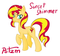 Size: 1300x1229 | Tagged: safe, artist:potzm, derpibooru import, sunset shimmer, pony, unicorn, g4, female, horn, image, looking back, mare, name, png, raised hoof, simple background, smiling, solo, tail, transparent background