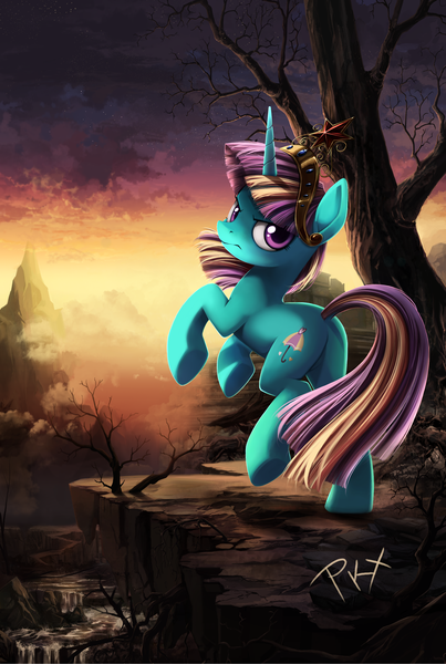 Size: 2150x3200 | Tagged: safe, artist:ponykillerx, banned from derpibooru, dewdrop dazzle, pony, unicorn, big crown thingy, butt, cliff, dawn, element of magic, image, jewelry, looking at you, looking back, looking back at you, mist, mountain, plot, png, rearing, regalia, river, scenery, solo, stars, tail, tree, waterfall