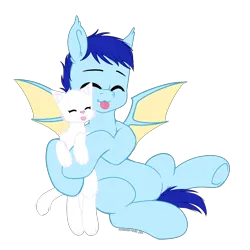 Size: 3000x3000 | Tagged: safe, artist:xcinnamon-twistx, derpibooru import, oc, oc:niko, bat pony, cat, :p, cuddling, eyes closed, fangs, image, png, tongue out