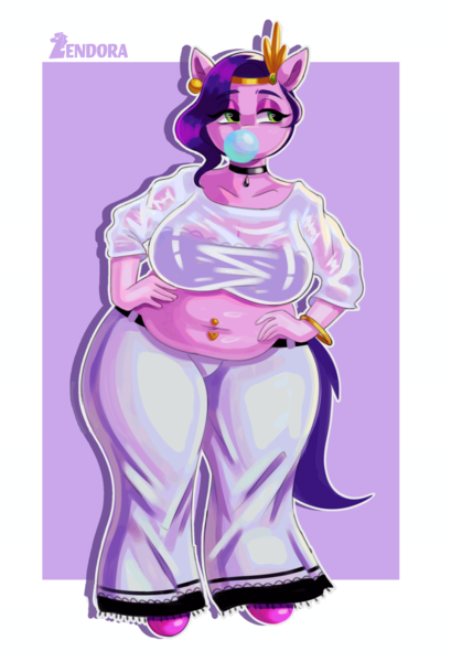 Size: 5324x7804 | Tagged: safe, artist:zendora, derpibooru import, pipp, pipp petals, anthro, pegasus, g5, adipipp, bbw, belly button, belly piercing, bracelet, bubblegum, clothes, ear piercing, fat, female, food, gum, hand on hip, headband, image, jewelry, pants, piercing, pipp is short, png, see-through, see-through shirt, shirt, shortstack, the ass was fat, thicc thighs, thick, wide hips