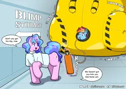 Size: 1490x1053 | Tagged: suggestive, artist:defilerzero, ponerpics import, rainbow dash, oc, unofficial characters only, pony, clothes, dialogue, female, helium, image, inflatable suit, inflation, lab coat, latex, latex suit, mare, png