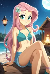 Size: 1664x2432 | Tagged: safe, ai content, derpibooru import, machine learning generated, prompter:tophatskyman, stable diffusion, fluttershy, equestria girls, g4, beach, belly, belly button, bikini, bikini top, breasts, clothes, female, flip-flops, generator:pony diffusion v6 xl, image, jpeg, looking at you, moon, night, petite, sandals, shorts, sitting, small breasts, smiling, smiling at you, solo, solo female, swimsuit