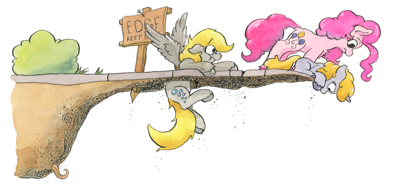 Size: 2132x997 | Tagged: safe, artist:lost marbles, derpibooru import, derpy hooves, dinky hooves, pinkie pie, earth pony, pegasus, pony, unicorn, g4, bush, dirt, horn, image, newbie artist training grounds, png, reference, root, sign, simple background, traditional art, watercolor painting, where the sidewalk ends, white background