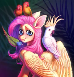 Size: 1960x2048 | Tagged: safe, artist:ziggylemon, derpibooru import, fluttershy, bird, cockatoo, parrot, pegasus, pony, female, image, jpeg, looking back, lovebird, mare, sitting, sitting on head, smiling, solo