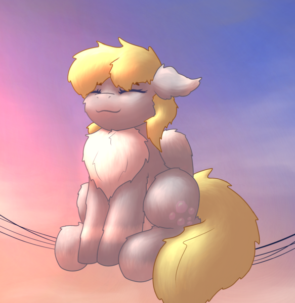 Size: 1852x1905 | Tagged: safe, artist:gosha305, derpibooru import, derpy hooves, pony, g4, behaving like a bird, chest fluff, cute, derpabetes, ear fluff, eyes closed, female, floppy ears, fluffy, full body, image, mare, morning, png, puffed chest, sitting, sky, sky background, sleeping, smiling, solo, sunrise, wires