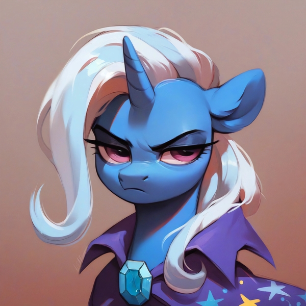 Size: 4096x4096 | Tagged: safe, ai content, machine learning generated, ponerpics import, prompter:enterusxrname, stable diffusion, trixie, pony, unicorn, cape, clothes, generator:purplesmart.ai, image, jpeg, simple background, stern, trixie's cape, unamused