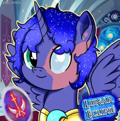 Size: 1980x1986 | Tagged: safe, artist:codenamekid, derpibooru import, oc, oc:prince lunar c. eclipse, unofficial characters only, alicorn, pony, armor, blind eye, burn marks, canterlot throne room, cutie mark, gradient mane, image, looking at you, male, male oc, moon, mural, png, shading, shattered moon, smiling, smiling at you, solo, sparkles, spread wings, stallion, stallion oc, stars, sword, tapestry, text, weapon, wings