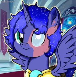 Size: 1980x1986 | Tagged: safe, artist:codenamekid, derpibooru import, oc, oc:prince lunar c. eclipse, unofficial characters only, alicorn, pony, armor, blind eye, burn marks, canterlot throne room, cutie mark, gradient mane, image, looking at you, male, male oc, moon, mural, png, shading, shattered moon, smiling, smiling at you, solo, sparkles, spread wings, stallion, stallion oc, stars, sword, tapestry, textless, weapon, wings