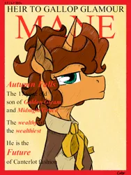 Size: 700x933 | Tagged: safe, artist:gotyx96, derpibooru import, oc, oc:autumn falls, unofficial characters only, pony, unicorn, g4, clothes, horn, image, magazine, magazine cover, male, png, solo, stallion, text