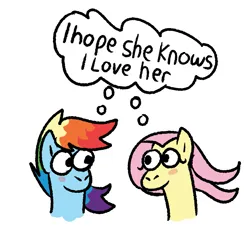 Size: 793x751 | Tagged: safe, artist:zoeyhorse, derpibooru import, fluttershy, rainbow dash, pegasus, pony, g4, blush sticker, blushing, bust, duo, duo female, female, flutterdash, image, lesbian, looking at each other, looking at someone, mare, png, shipping, simple background, thought bubble, white background, wind, windswept mane