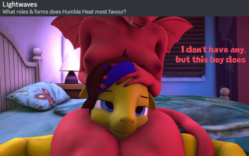 Size: 3840x2414 | Tagged: questionable, artist:olkategrin, derpibooru import, oc, oc:humble heat, oc:lemon box, unofficial characters only, anthro, demon, demon pony, original species, pegasus, series:ask lemon box, g4, 3d, answer, ask, bed, bedroom, bedroom eyes, between legs, big breasts, black mane, blue mane, breasts, brown mane, clothes, cute, devil, devil horns, duo, enjoying, erect nipples, eyes closed, fangs, female, head between legs, high res, hooves, horns, image, indoors, lamp, long mane, long mane male, long tail, looking at someone, love, male, massage, nipples, nudity, oc x oc, pegasus oc, pillow, png, ponytail, question, red body, relaxed, relaxed face, relaxing, romantic, shipping, smiling, socks, source filmmaker, straight, tail, text, thigh crush, thigh highs, two toned hair, two toned mane, wide hips, window, wings, yellow body, yellow fur