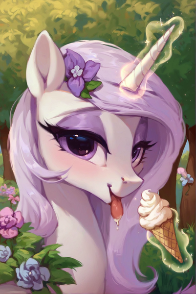 Size: 1272x1904 | Tagged: safe, ai content, derpibooru import, machine learning generated, prompter:buttonfixer, stable diffusion, fleur-de-lis, pony, g4, 30 minute art challenge, blushing, bust, cute, date, female, fleurbetes, flower, flower in hair, food, ice cream, ice cream cone, image, levitation, licking, lidded eyes, looking at you, magic, magic aura, park, png, portrait, seductive, shy, solo, solo female, summer, telekinesis, tongue out