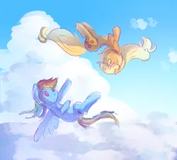 Size: 2200x2000 | Tagged: safe, artist:snowzaaah, derpibooru import, applejack, rainbow dash, earth pony, pegasus, pony, alternate universe, appledash, cloud, day, duo, duo female, female, flying, high res, image, lesbian, mare, png, shipping, sky, spread wings, wings