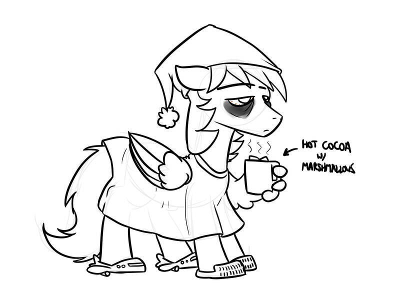 Size: 4092x2893 | Tagged: safe, artist:timsplosion, derpibooru import, oc, oc:graphite sketch, oc:graphite sketch (timsplosion), unofficial characters only, pegasus, pony, bags under eyes, chocolate, clothes, coffee mug, food, grayscale, hat, hot chocolate, image, jpeg, male, marshmallow, monochrome, mug, nightcap, pajamas, simple background, sketch, slippers, solo, stallion, themed slippers, tired, white background, wing hands, wing hold, wings