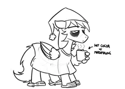 Size: 4092x2893 | Tagged: safe, artist:timsplosion, derpibooru import, oc, oc:graphite sketch, oc:graphite sketch (timsplosion), unofficial characters only, pegasus, pony, bags under eyes, chocolate, clothes, coffee mug, food, grayscale, hat, hot chocolate, image, jpeg, male, marshmallow, monochrome, mug, nightcap, pajamas, simple background, sketch, slippers, solo, stallion, themed slippers, tired, white background, wing hands, wing hold, wings