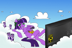 Size: 1675x1122 | Tagged: safe, artist:koidial, derpibooru import, twilight sparkle, oc, oc:cloudy skies, pegasus, pony, g4, animated, artfight, blinking, chest fluff, chewing, chip bag, chips, cloud, controller, day, drink, eating, eyelashes, feather fingers, female, flatscreen, food, frame by frame, gaming, gaming headset, gif, gift art, green eyes, headphones, headset, image, lidded eyes, looking at something, lying down, lying on a cloud, mare, no pupils, on a cloud, on back, outdoors, pegasus oc, purple coat, purple mane, purple tail, signature, sitting, sitting on cloud, sky background, slow blink, soda, soda can, solo, squigglevision, straight mane, straight tail, tail, television, thin, thin legs, two toned mane, wing hands, wings