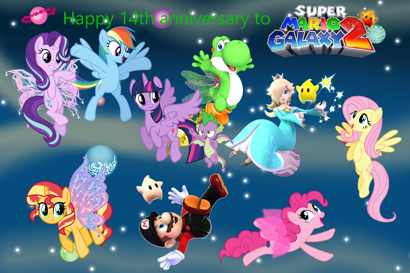 Size: 3000x2000 | Tagged: safe, artist:cheezedoodle96, artist:djdavid98, artist:osipush, artist:user15432, artist:vulthuryol00, derpibooru import, fluttershy, pinkie pie, rainbow dash, spike, starlight glimmer, sunset shimmer, twilight sparkle, twilight sparkle (alicorn), alicorn, dragon, earth pony, fairy, fairy pony, human, original species, pegasus, unicorn, yoshi, g4, anniversary, baby luma, colored wings, crossover, fairy wings, flying, flying mario, galaxy, gradient wings, green wings, happy anniversary, horn, image, luma, mario, open mouth, open smile, pink wings, png, princess rosalina, rosalina, smiling, space, sparkly wings, stars, super mario bros., super mario galaxy, super mario galaxy 2, winged spike, wings