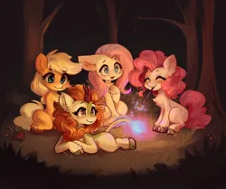 Size: 3714x3112 | Tagged: safe, artist:polnocnykot, derpibooru import, applejack, autumn blaze, fluttershy, pinkie pie, earth pony, kirin, nirik, pegasus, pony, g4, apple, blushing, bonfire, camping, cheek fluff, chest fluff, cute, detailed, detailed background, ear fluff, evening, eyes closed, female, fire, floppy ears, folded wings, food, forest, funny, grass, group, horn, image, jpeg, leaves, lying down, marshmallow, mouth hold, mundane utility, nature, night, open mouth, open smile, raised hoof, raised tail, roasted, shocked, side, sitting, smiling, stars, tail, teeth, tree, unshorn fetlocks, wide eyes, wings
