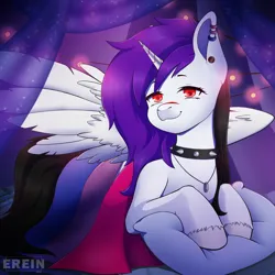 Size: 2000x2000 | Tagged: safe, alternate version, artist:erein, derpibooru import, oc, oc:jasmina, unofficial characters only, alicorn, pony, alicorn oc, alternate character, bedroom, bisexual, bisexual female, bisexual pride flag, choker, commission, ear piercing, earring, ears up, female, flag, garland, high res, horn, image, indoors, jewelry, jpeg, lgbt, looking at you, multicolored hair, necklace, night, piercing, pillow, pride, pride flag, pride month, red eyes, ring, room, scar, smiling, smiling at you, solo, spread wings, string lights, tail, unshorn fetlocks, white fur, wings, ych result