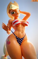 Size: 2358x3693 | Tagged: suggestive, artist:smitty, derpibooru import, applejack, anthro, earth pony, g4, 3d, american flag, amerijack, bikini, clothes, flag, image, png, swimsuit, the ass was fat