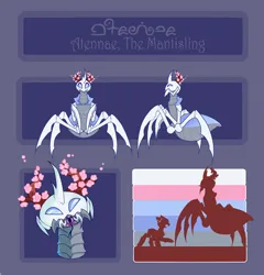 Size: 5000x5214 | Tagged: safe, artist:minty--fresh, derpibooru import, oc, unofficial characters only, changeling, mantis, monster pony, barely pony related, changeling oc, image, mandibles, mantisling, mawshot, multiple limbs, open mouth, png, proboscis, reference sheet, size comparison