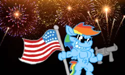 Size: 826x496 | Tagged: safe, artist:dragonboi471, artist:rainbowdashsmailbag, derpibooru import, rainbow dash, pony, 4th of july, american flag, fireworks, flag, gun, holiday, image, machine gun, muscles, png, rainbuff dash, solo, sunglasses, weapon