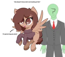 Size: 2400x2100 | Tagged: safe, artist:scandianon, derpibooru import, oc, oc:anon, oc:autumnal potpourri, unofficial characters only, human, pegasus, pony, blind, clothes, dialogue, female, flying, human male, image, male, mare, necktie, open mouth, open smile, pants, png, question mark, shirt, shirt with a collar, simple background, smiling, spread wings, suit, sweater, talking, white background, wings