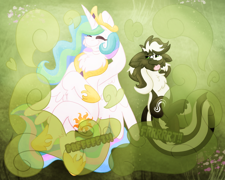 Size: 2500x2000 | Tagged: suggestive, alternate version, artist:euspuche, derpibooru import, princess celestia, oc, oc:zenawa skunkpony, alicorn, earth pony, hybrid, pony, skunk, skunk pony, g4, arm behind head, butt, canon x oc, chest fluff, crossed legs, duo, duo male and female, earth pony oc, eyes closed, fangs, fart, fart cloud, fart fetish, fart noise, female, fetish, folded wings, gassy, gritted teeth, hybrid oc, image, jewelry, looking at each other, looking at someone, lying down, male, mare, on back, one eye closed, onomatopoeia, open mouth, outdoors, png, regalia, royalty, scrunchy face, smelly, smiling, smiling at each other, sound effects, stallion, sunbutt, tail, teeth, together, tongue out, unshorn fetlocks, wings