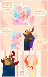 Size: 1698x2727 | Tagged: safe, artist:sockiepuppetry, derpibooru import, cozy glow, queen chrysalis, thorax, changedling, changeling, changeling queen, pegasus, pony, g4, comic, dialogue, female, filly, foal, high res, image, jail, king thorax, male, paper crown, png, speech bubble, trio