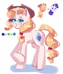 Size: 1459x1689 | Tagged: safe, artist:irisikiki, derpibooru import, applejack, rarity, oc, earth pony, pony, unicorn, cowboy hat, fusion:applejack, fusion:rarity, grin, hat, horn, image, jpeg, lidded eyes, looking at you, simple background, smiling, smiling at you, solo, traditional art, white background