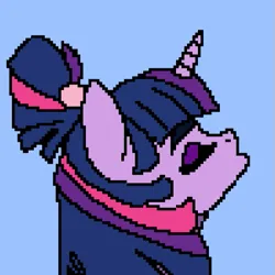 Size: 503x503 | Tagged: safe, artist:enterusxrname, ponerpics import, twilight sparkle, alternate hairstyle, blue background, bust, closed eye, image, open mouth, pixel art, png, ponerpics exclusive, side view, simple background