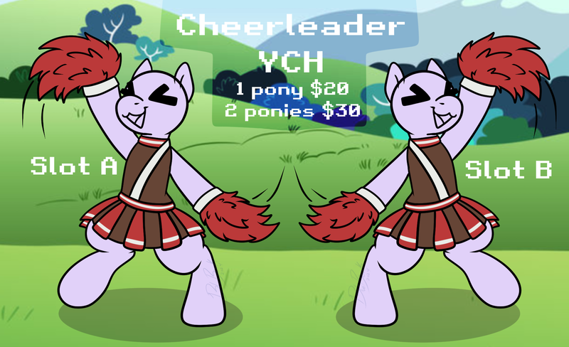 Size: 1911x1165 | Tagged: safe, artist:bluemoon, derpibooru import, oc, pony, advertisement, cheering, cheerleader, cheerleader outfit, clothes, commission, commission info, image, outfit, png, pom pom, skirt, standing on two hooves, ych example, your character here