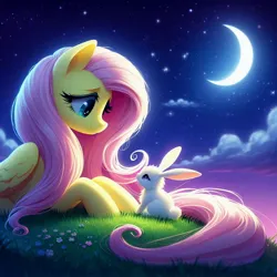 Size: 1024x1024 | Tagged: safe, ai content, derpibooru import, machine learning generated, prompter:nightofcore, fluttershy, pegasus, pony, rabbit, g4, animal, cloud, female, folded wings, generator:bing image creator, generator:dall-e 3, image, jpeg, mare, moon, night, outdoors, stars, wings