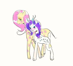 Size: 1056x964 | Tagged: safe, artist:xxk1ttyl1tterxx, derpibooru import, fluttershy, rarity, deer, giraffe, duo, duo female, female, image, jpeg, simple background, species swap