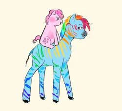 Size: 1056x964 | Tagged: safe, artist:xxk1ttyl1tterxx, derpibooru import, pinkie pie, rainbow dash, pig, zebra, duo, female, image, jpeg, piggie pie, pigified, riding, simple background, species swap, zebrafied