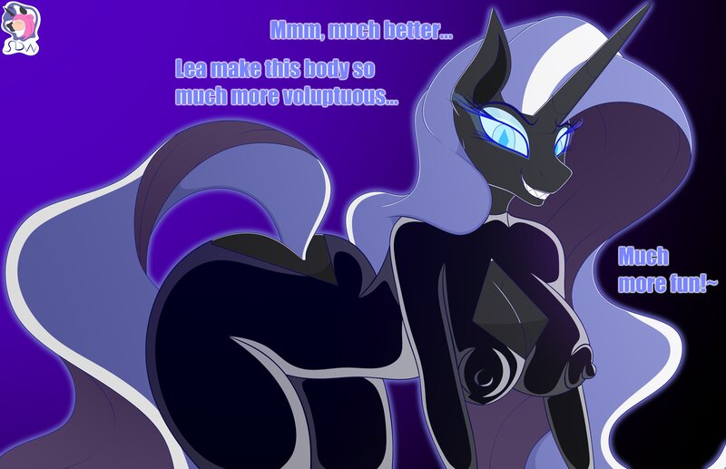 Size: 4096x2645 | Tagged: questionable, artist:skyspeardraw, ponerpics import, nightmare rarity, anthro, breasts, catsuit, dialogue, erect nipples, female, image, jpeg, latex, looking at you, nipples, nudity