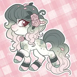 Size: 2048x2048 | Tagged: safe, artist:pinxpony, derpibooru import, oc, unofficial characters only, earth pony, pony, chibi, choker, flower, flower in hair, image, jpeg, petals, smiling, solo