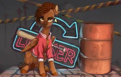 Size: 1536x968 | Tagged: safe, artist:kirby_orange, derpibooru import, oc, unofficial characters only, pegasus, pony, barrel, baseball bat, bomber jacket, brown mane, clothes, digital art, dreadlocks, ear fluff, ear piercing, female, image, jacket, jewelry, neon, neon sign, pegasus oc, piercing, png, short hair, sign, simple background, sitting, solo, tail, wings