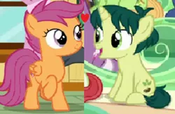 Size: 770x500 | Tagged: safe, derpibooru import, edit, edited screencap, screencap, green sprout, scootaloo, pegasus, pony, unicorn, colt, crack shipping, female, filly, foal, horn, image, male, png, scootasprout, shipping, shipping domino