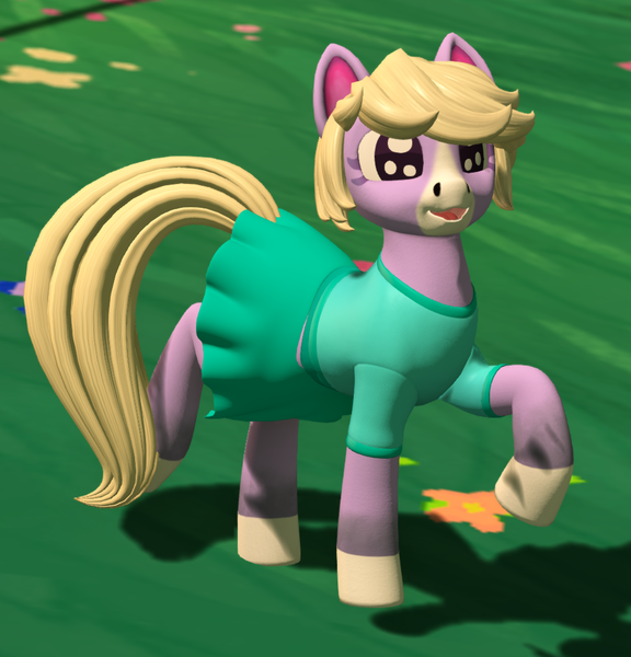 Size: 1001x1043 | Tagged: safe, artist:mosssong, derpibooru import, earth pony, pony, 3d, animal crossing, cleo, clothes, crossover, female, image, mare, open pony, png, prancing, second life, shirt, skirt, solo