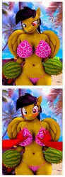 Size: 1505x4096 | Tagged: suggestive, artist:shadowuwu, oc, oc:warheart, unofficial characters only, anthro, 3d, beach, bikini, blushing, breast grab, breasts, clothes, female, food, grope, image, jpeg, male, swimsuit, watermelon