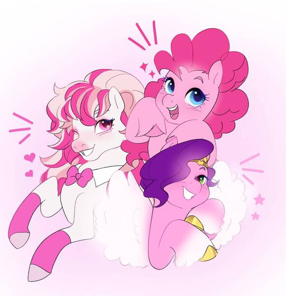 Size: 1610x1663 | Tagged: safe, artist:aztrial, derpibooru import, pinkie pie, pipp petals, earth pony, horse, pegasus, pony, g4, g5, bust, candi (wild manes), cute, emanata, female, gradient background, image, jpeg, mare, pink, smiling, spread wings, stars, trio, trio female, wild manes, wings