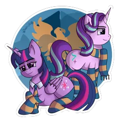 Size: 4644x4571 | Tagged: safe, artist:tenderrain-art, derpibooru import, starlight glimmer, twilight sparkle, twilight sparkle (alicorn), alicorn, pony, clothes, harry potter (series), image, lying down, necktie, png, prone, ravenclaw, scarf, socks, striped socks