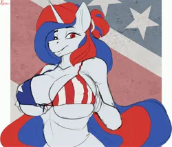 Size: 4096x3493 | Tagged: suggestive, artist:ryanmandraws, derpibooru import, oc, oc:usa, anthro, 4th of july, american flag, american flag bikini, big breasts, bikini, bikini top, breast grab, breast squish, breasts, clothes, female, flag, grope, holiday, huge breasts, image, jpeg, looking at you, solo, solo female, swimsuit, uni, united states